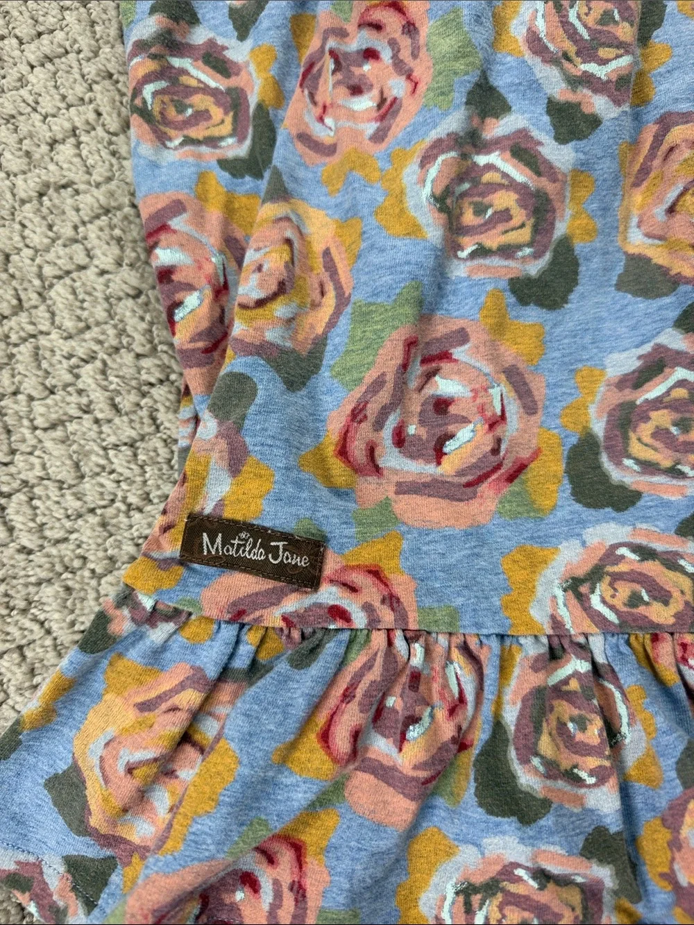 Matilda Jane Blue Floral Rose Print shirt with Pink Trim